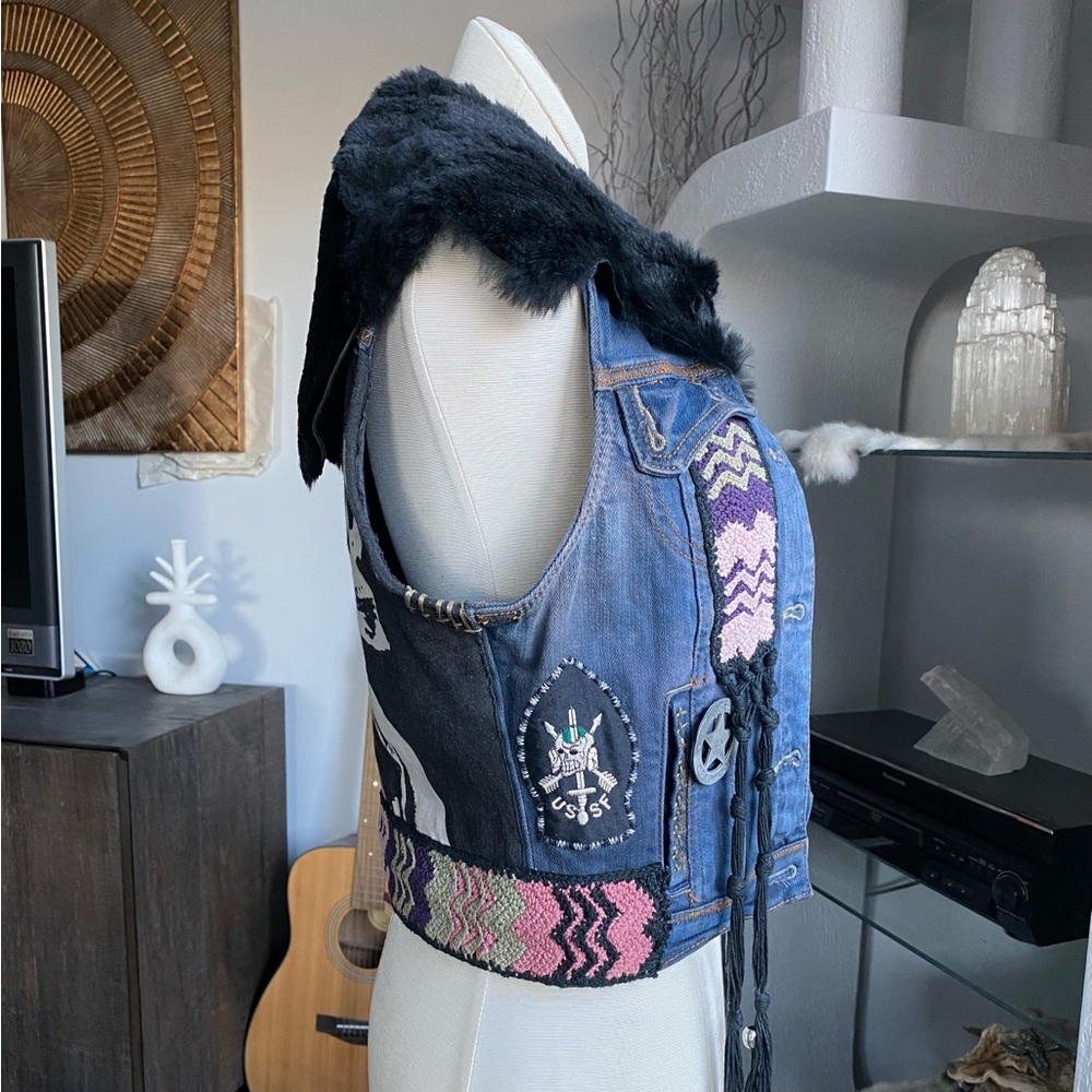 Custom Denim Fur Biker Patches Fringe Vest festival metal goth agatha blois NYC - Picture 7 of 16